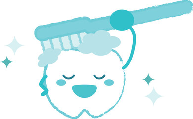 歯ブラシで磨いている歯のキャラクター　青色