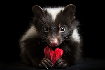 Skunk Holding Red Floral Heart | Animal Valentines Day 