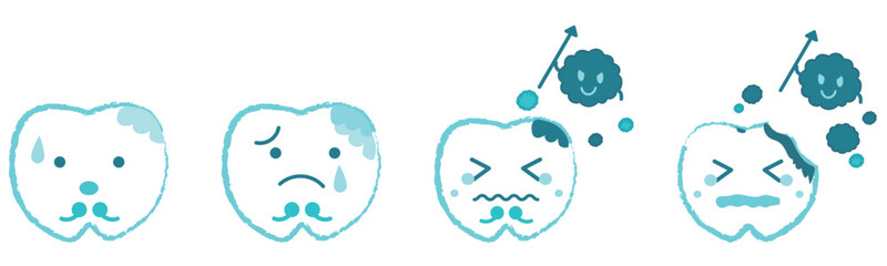 虫歯に関する 歯のキャラクター表情セット　青色
