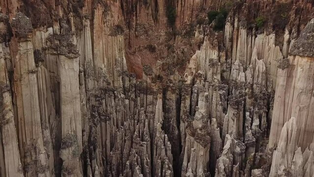 Aerial drone footage of Los Estoraques Unique Natural Area, Colombia, Latin America. Beautiful colombian sharp rocks. Beautiful landscape in the Norte de Santander region of Colombia. 4K footage.