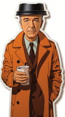 Cartoon Detective Character in Trench Coat with Coffee Cup

