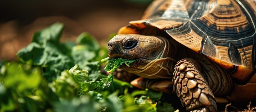 Greek tortoise consumes green salad - close up