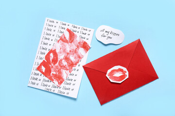 Red envelope, greeting cards and text ALL MY KISSES FOR YOU on color background. Valentine's Day celebration