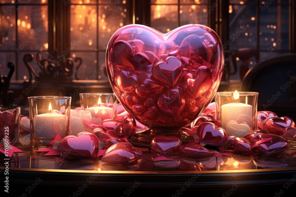 Poster illuminated love captivating heart-shaped candle and a luminous array generative ai