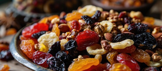 Enhance snacking with a gourmet mix of savory goodness and quality dried fruits for health-conscious individuals. - obrazy, fototapety, plakaty