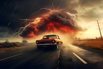 Fototapeta na wymiar car hit by thunder,fast car, storm car, car driving through thunderstorm, cool car