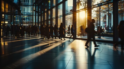 business scene with people walking with blurred background in indoor business building, dark gray and light amber, contemporary glass window, busy street. generative AI