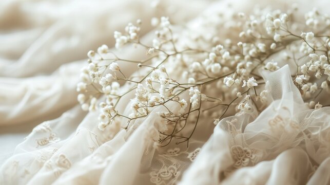 White fabric with gypsophila flowers. Selective focus.