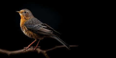 A highly realistic photo shows a small bird, possibly a robin, perched on a tree branch against a deep black background.
