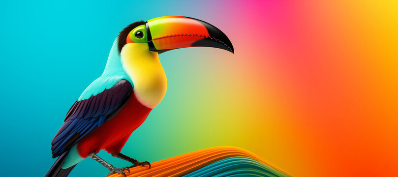 A realistic, colorful photo depicts a toucan sitting on a piece of paper, displaying vivid colors.