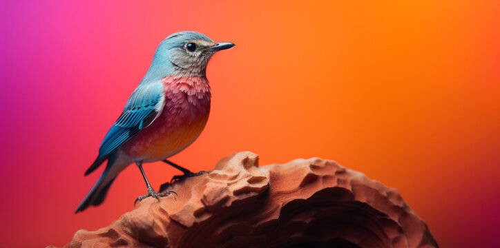 A vibrant, hyperrealistic image captures a colorful birds perched on a rock.
