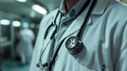 Closeup of a doctor with stethoscope in hospital corridor. - obrazy, fototapety, plakaty