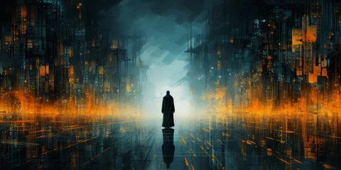 Fotobehang A man traverses a shadowy city at night, in a dark cyberpunk illustration. © Duka Mer