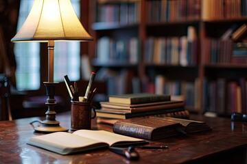 Creative writing workshop in a serene library setting Inspiring authors and poets