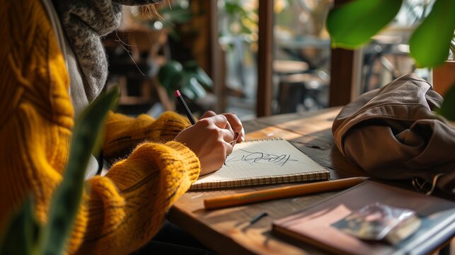 Close up of a woman writing in a notebook while sitting in a cafe