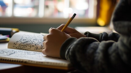 Close up of a child's hands writing in a notebook at home