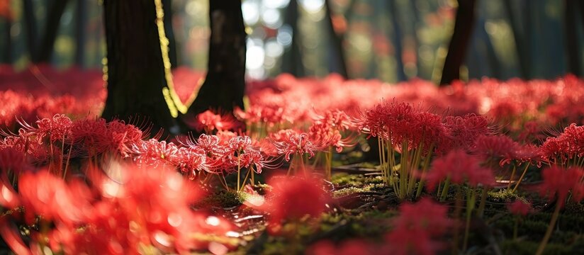 Red spider lilies covering the ground.