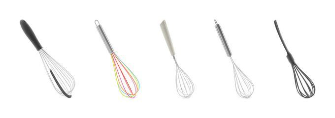 Different whisks isolated on white, collection. Kitchen tool