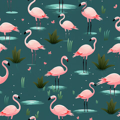 Seamless pattern of cartoon character pink flamingoes on a green background.