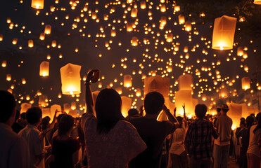 Fototapeta na wymiar People in a crowd of lanterns flying in the air