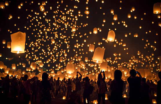 People in a crowd of lanterns flying in the air