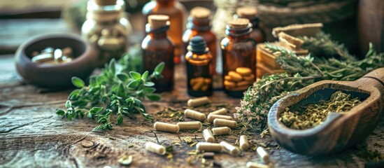 Organic herbal alternative medicine for health and well-being, with natural ingredients, oils, and nutritious capsules. - obrazy, fototapety, plakaty