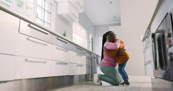 Hug, kitchen and happy family child dancing, smile and enjoy quality bonding time together, fun and excited energy. Love, music track and home mother, father or African parents moving with young kid