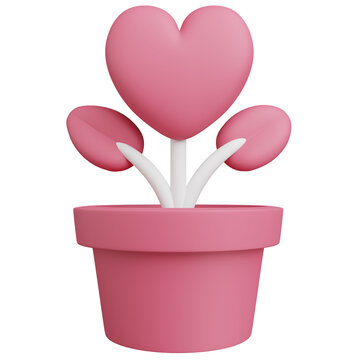 3d render of heart on plant pot with valentines icon.