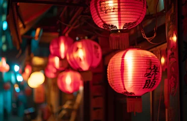 Fotobehang Red and pink lanterns at a chinese food shop in china © Sticker Me