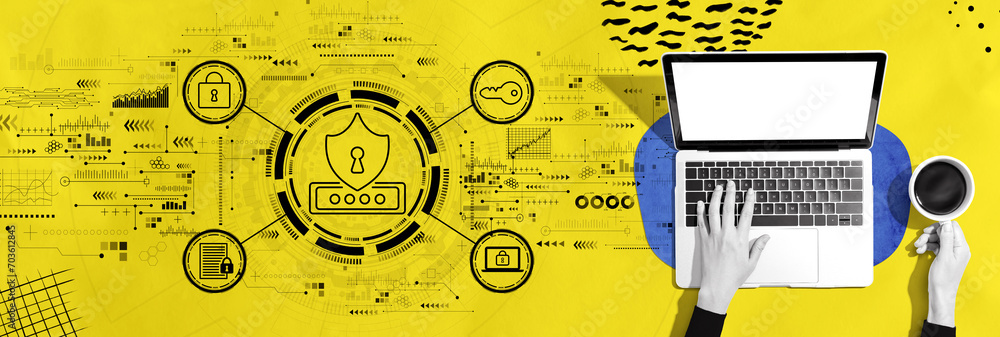 Aufkleber cyber security theme with person using a laptop computer