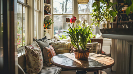 Fototapeta na wymiar Quaint Breakfast Nook: Round Table and Fresh Tulips