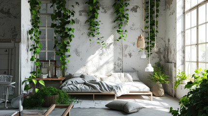 Minimalist Haven: Studio Apartment with Futon and Hanging Ivy