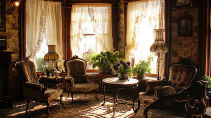 Fototapeta na wymiar Victorian Elegance: Lace Curtains and Potted Violets in a Classic Parlor