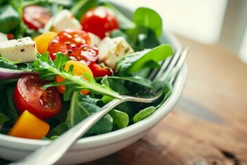 healthy eating, dieting, vegetarian kitchen and cooking concept close up of vegetable salad bowl and fork at home. generative ai.