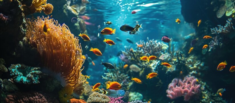 Underwater scene with vibrant marine life in Singapore's aquarium.