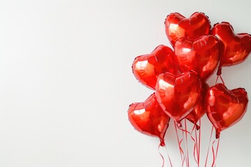 Balloons in the shape of red hearts on a white background, gift for Valentine's Day, banner with space for text