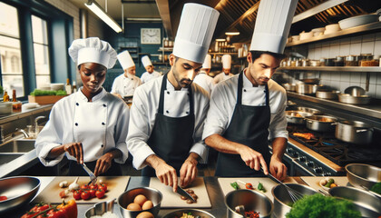 Culinary Excellence in Action: Three Chefs in a Busy Professional Kitchen Creating Gourmet Dishes in a Vibrant Restaurant Setting - obrazy, fototapety, plakaty