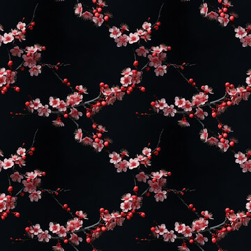 Hyper Photo Realistic Chain Link Small Pink Cherry Blossoms on Black Background Seamless Pattern
