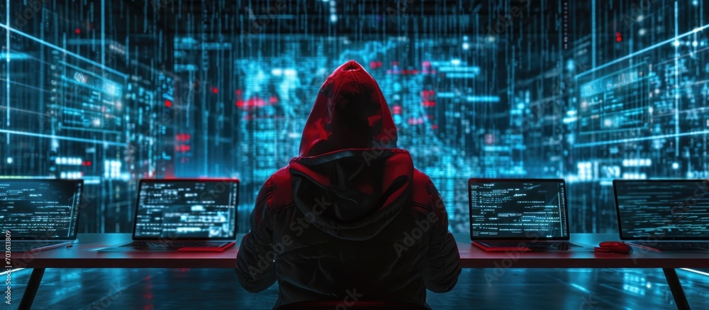 Poster cyber breaching and hacking for gaining confidential information is displayed as a business overview