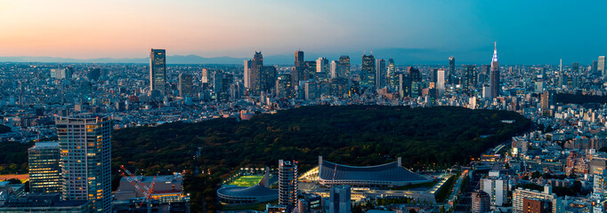 Aerial View of Shibuya, Tokyo, Japan at sunset - obrazy, fototapety, plakaty