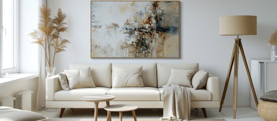 Beige sofa with art above in an elegant white interior, nearby a wooden tripod lamp near a window. - obrazy, fototapety, plakaty
