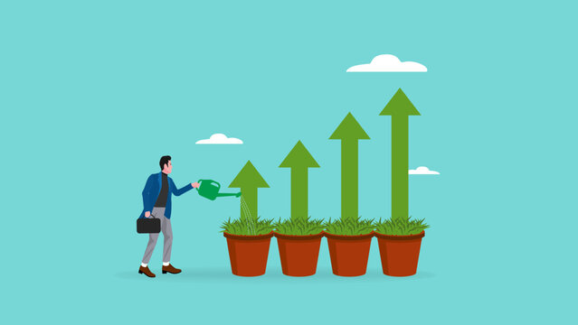 business and financial growth illustration with the concept of a businessman watering plants on a business financial tree diagram, growing business graph tree concept vector illustration