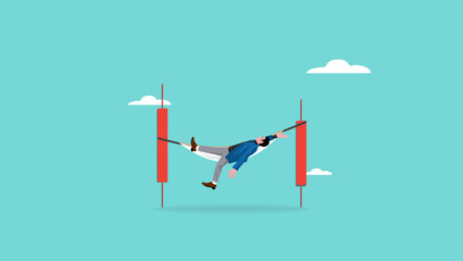 businessman falls from hammock tied on red bar graph of investment, economic crash, investing failure or mistake, price drop, recession, investment risk concept, stock price decline concept vector