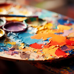 Close-up of an artist's palette with vibrant paint.