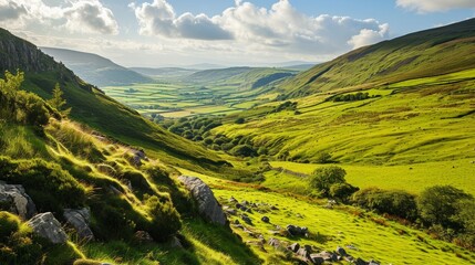Irish landscapes with winding green hills and spacious valleys