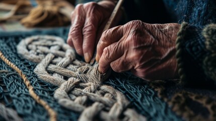 The hands of an artisan creating intricate Celtic knotwork or crafting traditional Irish textiles