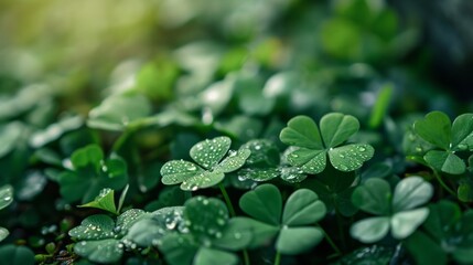 Close-up shot of vibrant green clover or shamrocks