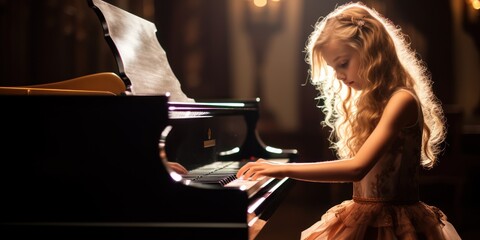 Close up view of a girl plays piano in the concert hall at scene