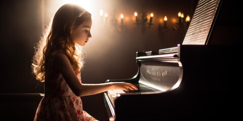 Close up view of a girl plays piano in the concert hall at scene - Powered by Adobe