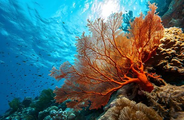 Fototapeta na wymiar Majestic Coral Reefs - A Grand Coral with Vibrant Orange Sea Fan Stealing the Spotlight